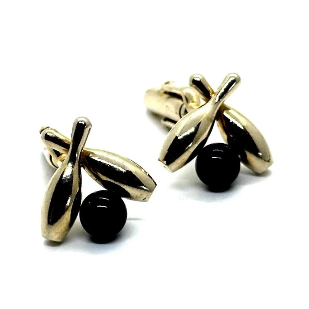 Vintage Bowling Cuff Links GOLD TONE Pins Black Ball 1960's Anson